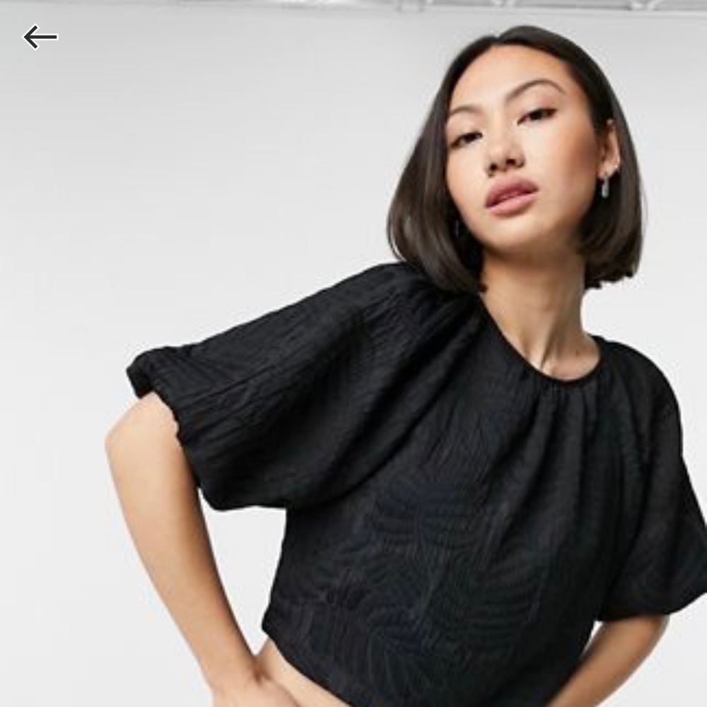 ASOS Black Leaf Print Top w/ Puff Sleeves